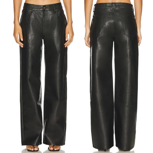LIONESS Top Model Jean in Onyx Black Vegan Faux Leather Wide Straight Leg Pant L - Picture 1 of 8